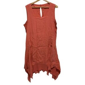 Cynthia Rowley 1X Dress Linen Coral Red Pockets Asymmetrical Mesh Hem Lagenlook